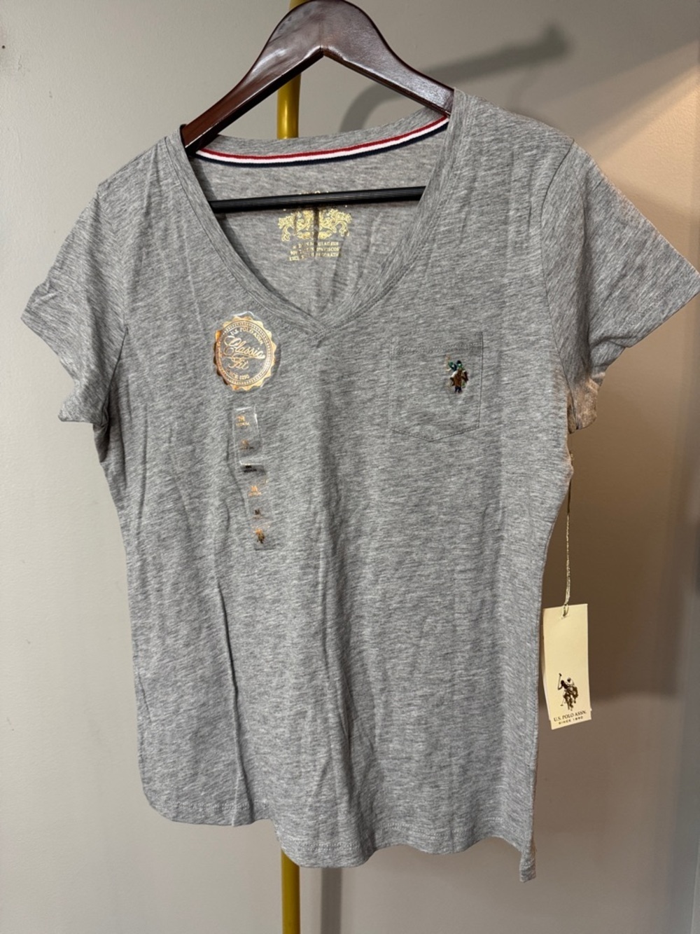 U.S. Polo Assn. Women's Light Heather Gray V-Neck Tee with Embroidered Pony